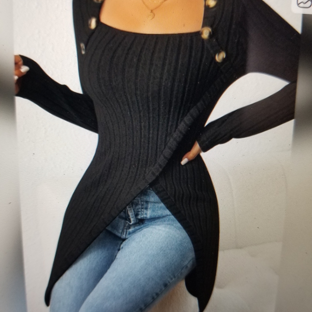 Black Ribbed Asymmetrical Tunic Top S/M